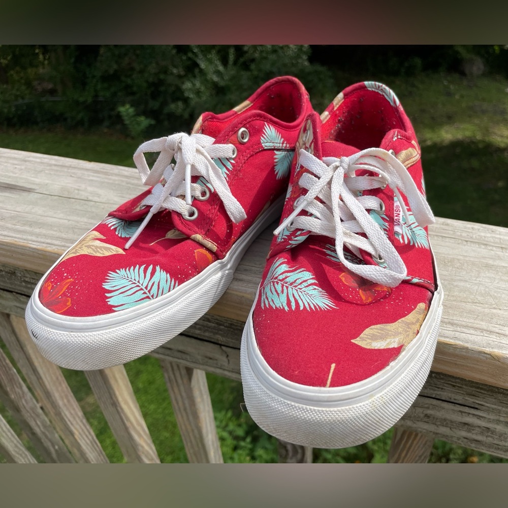 Vans red with leaf prints, ultra cush pro.